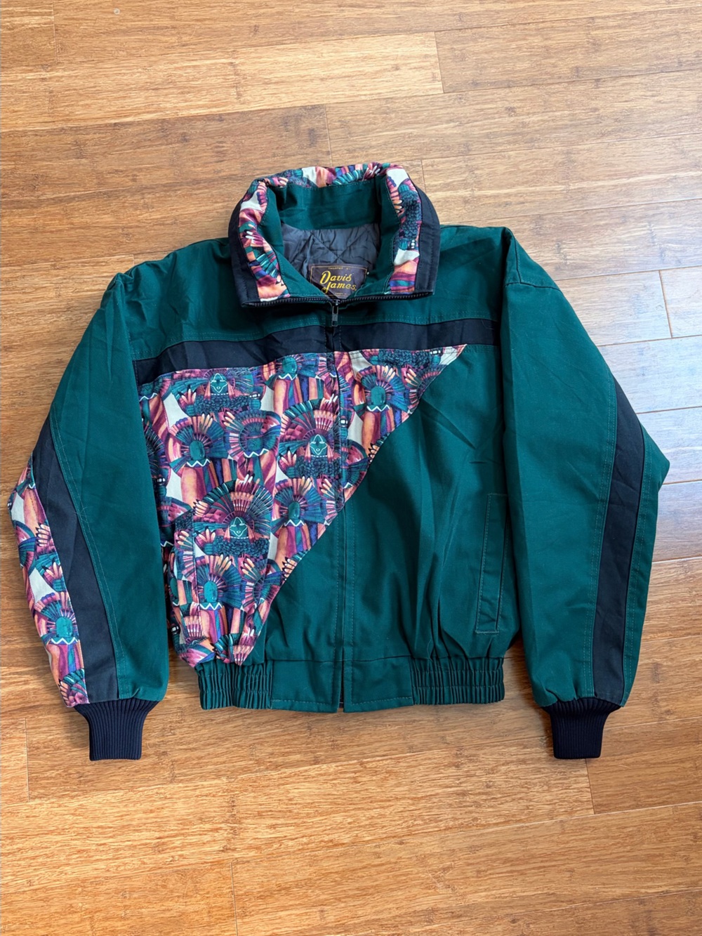 Vintage 90s David James Southwestern Arena Bomber Jacket Teal Aztec USA Made XL